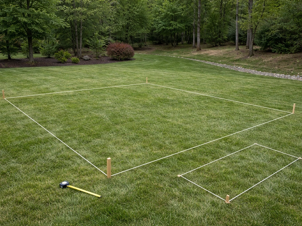 Backyard ground layout with string lines, stakes, and tape measure marking a patio dining footprint.