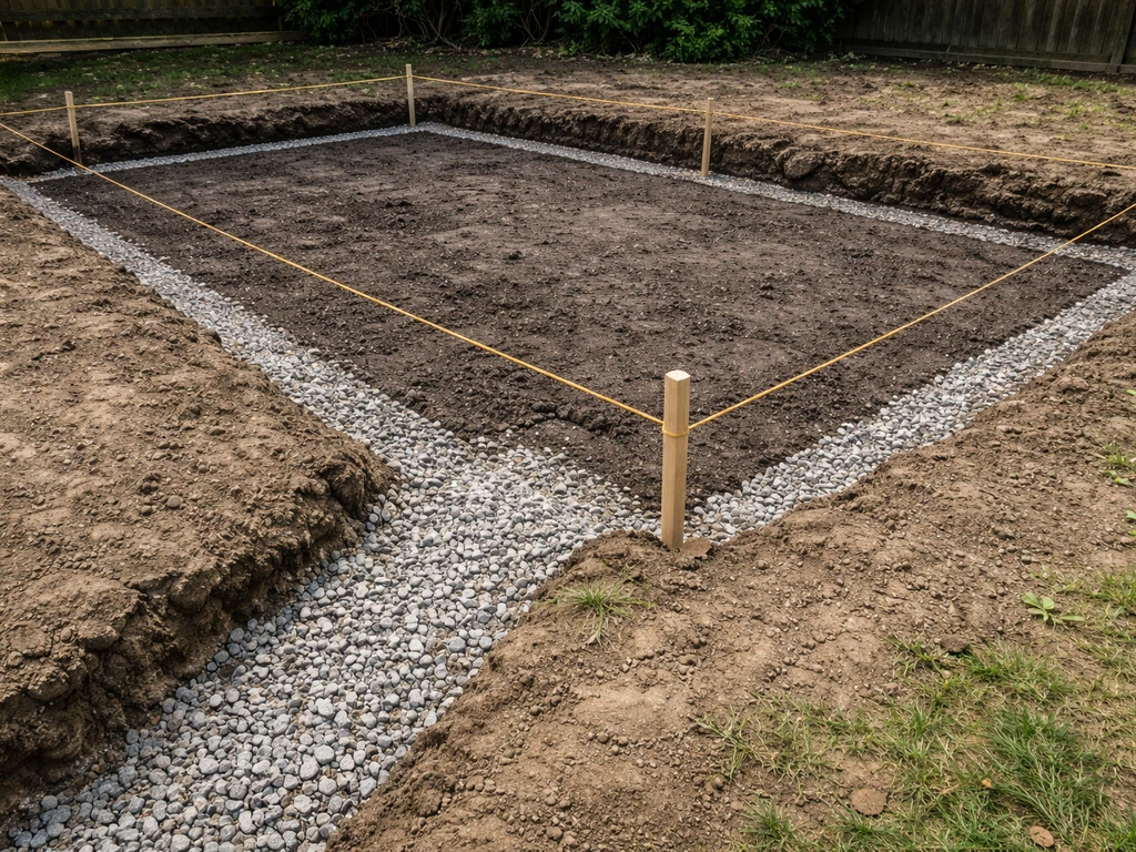 Backyard patio excavation with stakes and string marking the outline, showing gravel base layers and drainage run.