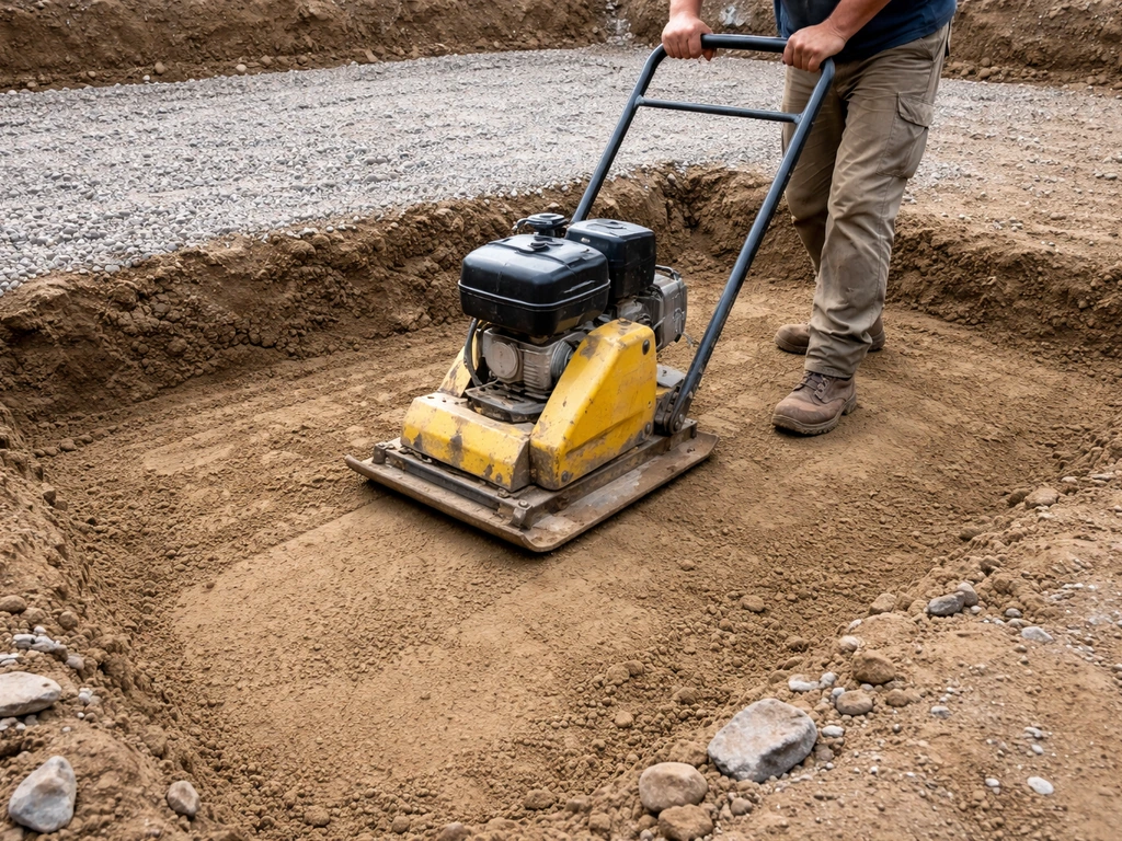 Plate compactor compressing prepared subgrade soil, leaving a firm, uniform surface ready for drainage base.