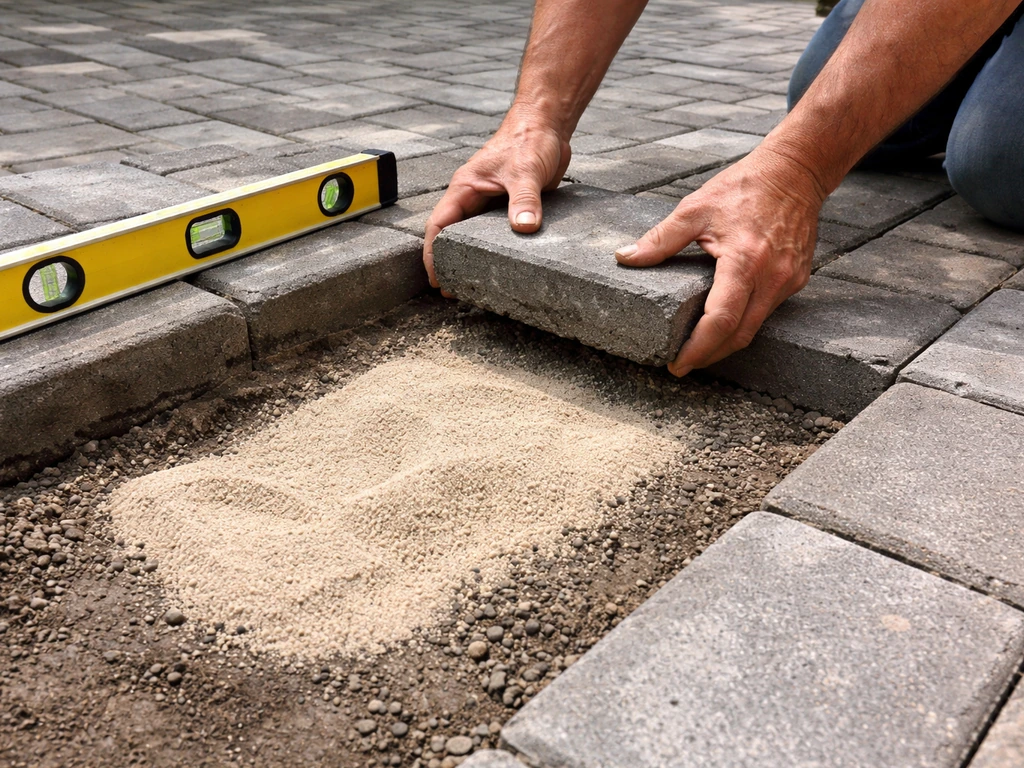 Worker lifts mis-leveled pavers, regrades base, and resets them with fresh sand on a small patio area.