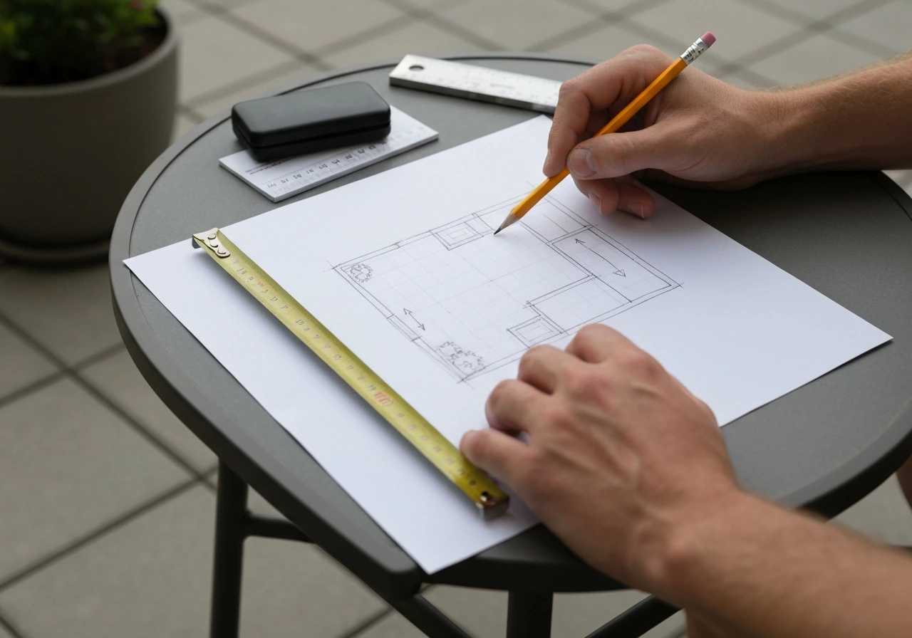 Hands sketch a simple patio layout with a tape measure on a small patio table in natural light.