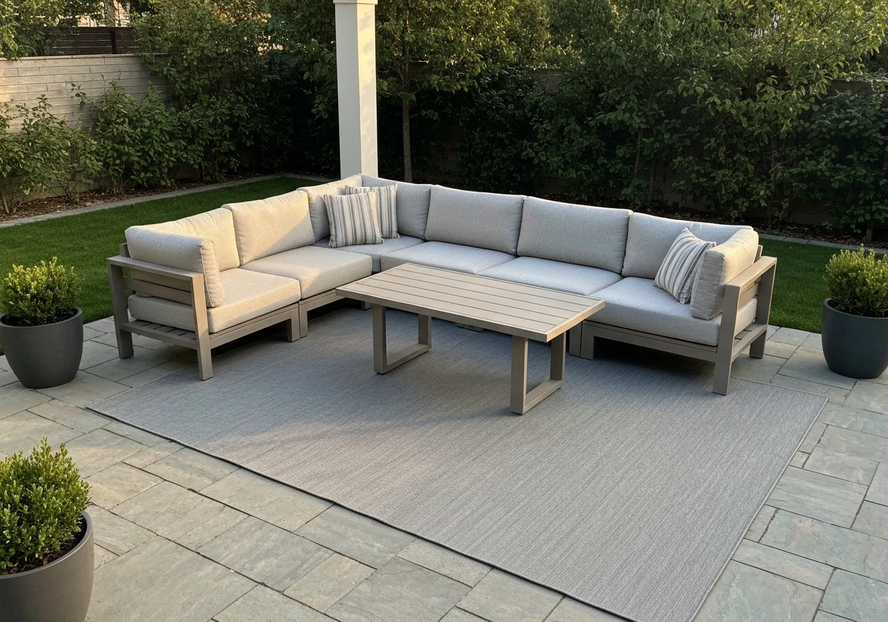 Large outdoor patio with oversized sectional and a correctly sized rug anchoring the seating area