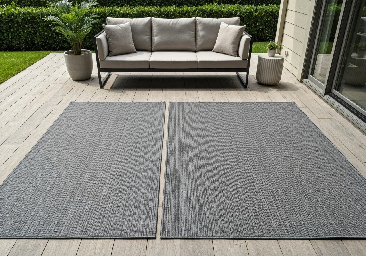 Two patio rug sizes shown: one too small and one properly sized under outdoor seating, in natural light.