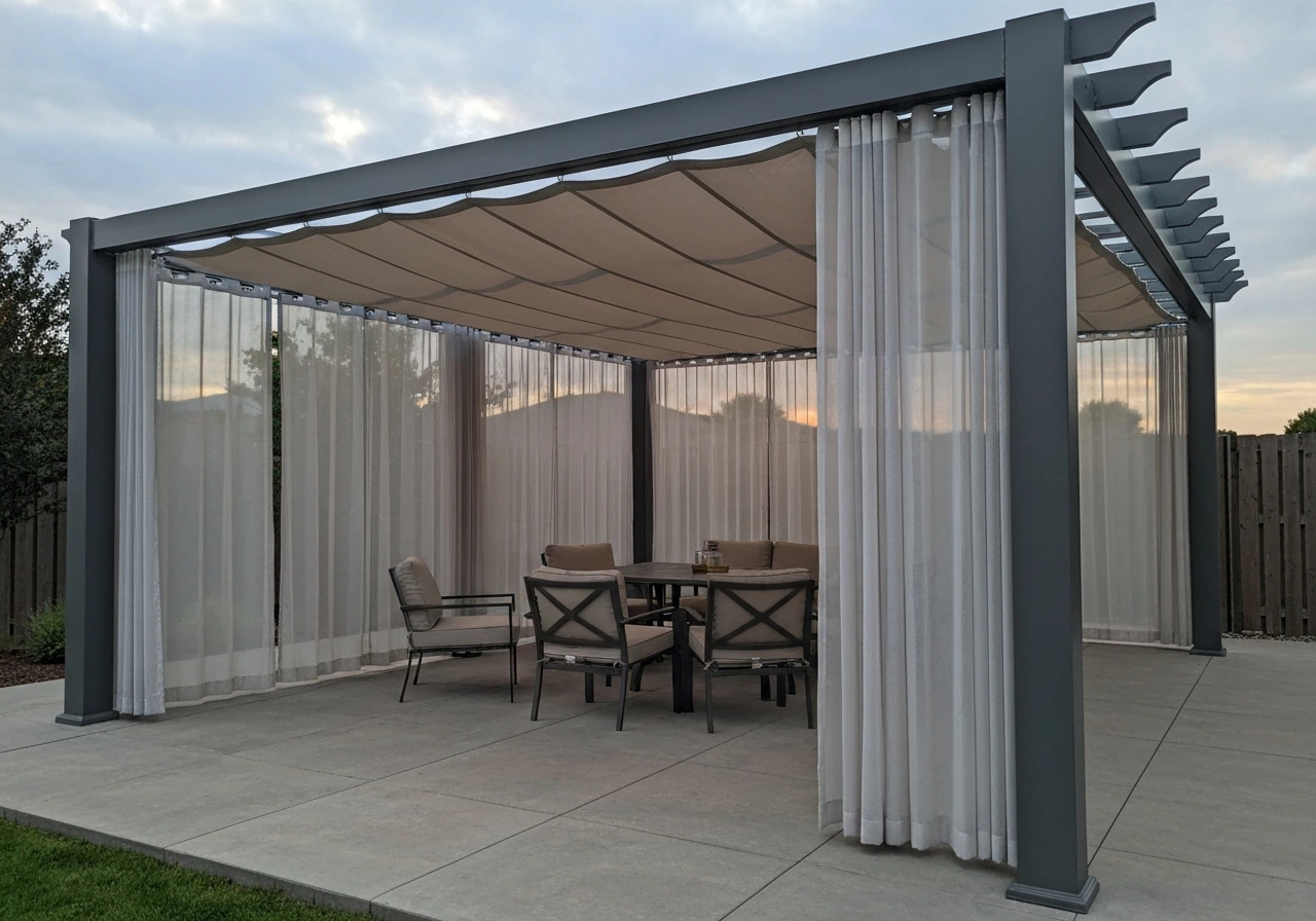 Pergola with shade sail and curtains covering a lounge and dining zone on a patio.