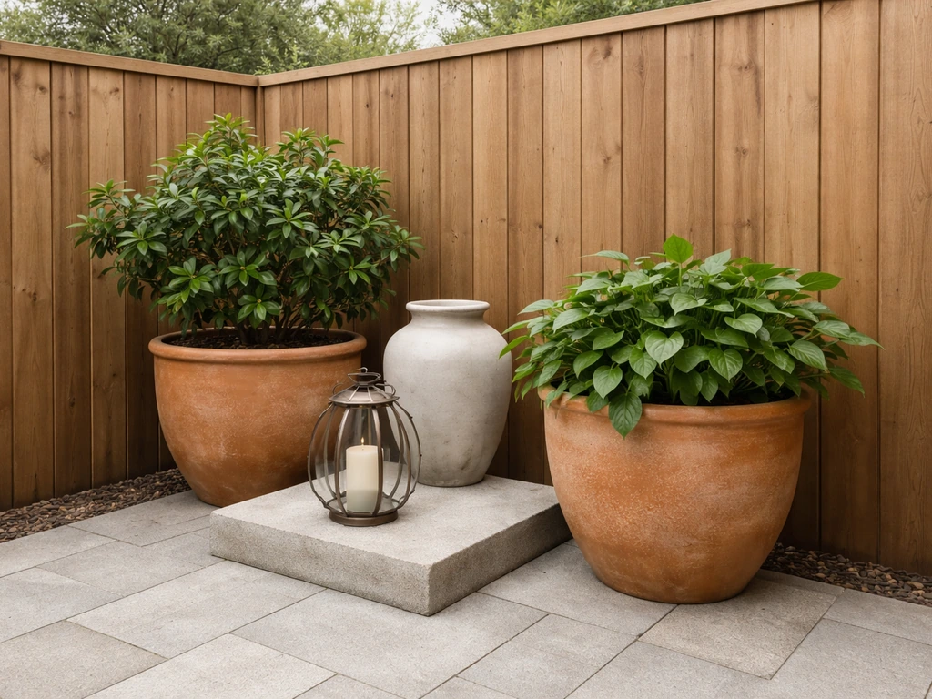 Minimal patio scene with weather-resistant planters and a sculptural lantern beside lush greenery.