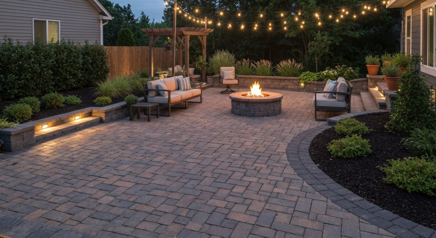 Twilight view of a finished patio with interlocking pavers, fire pit, seating, string lights and lush plantings.