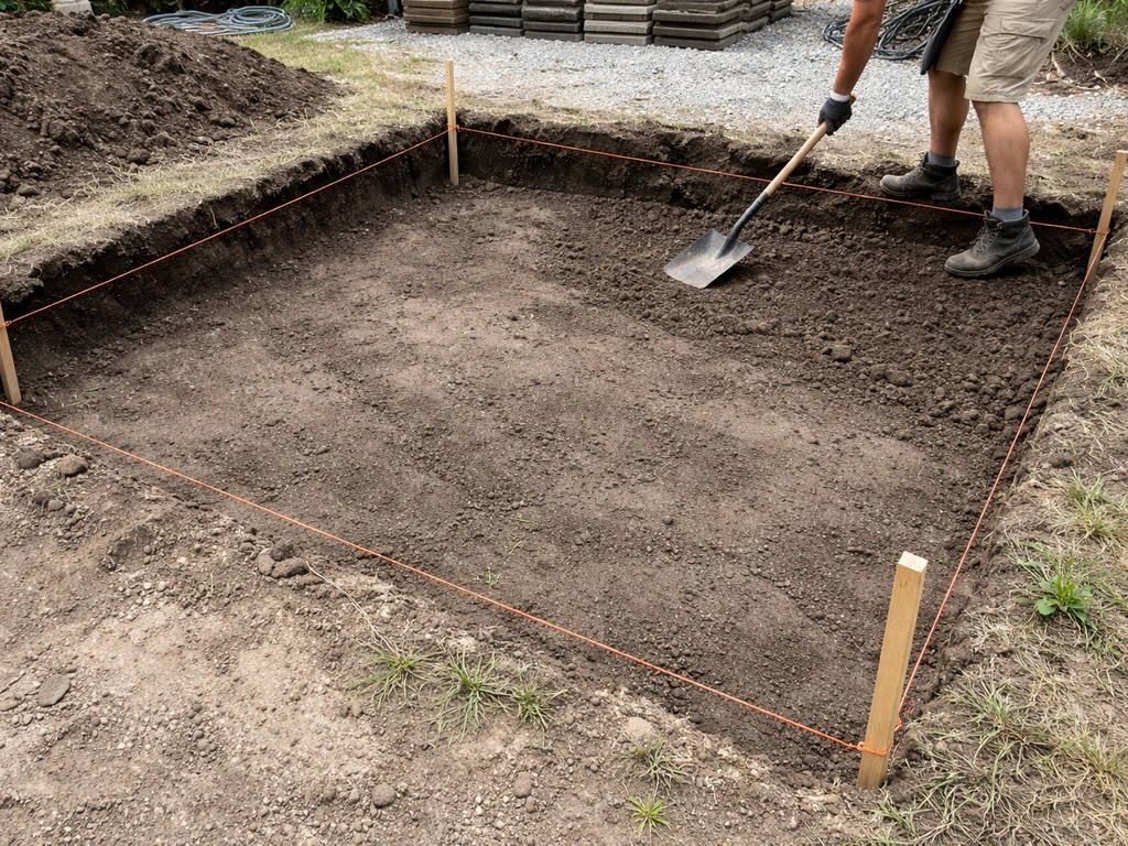 Excavation in progress with string-line stakes marking a patio boundary and exposed subgrade.