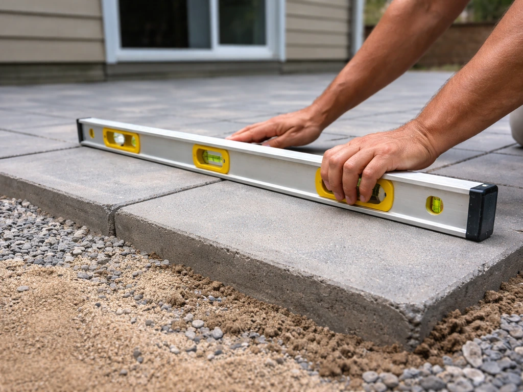Hands use a long level across a patio to verify slope and drainage away from the house.
