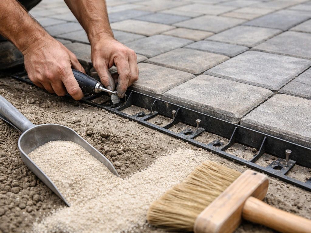 Hands installing paver edging restraints and brushing polymeric sand into patio joints for a clean finish.