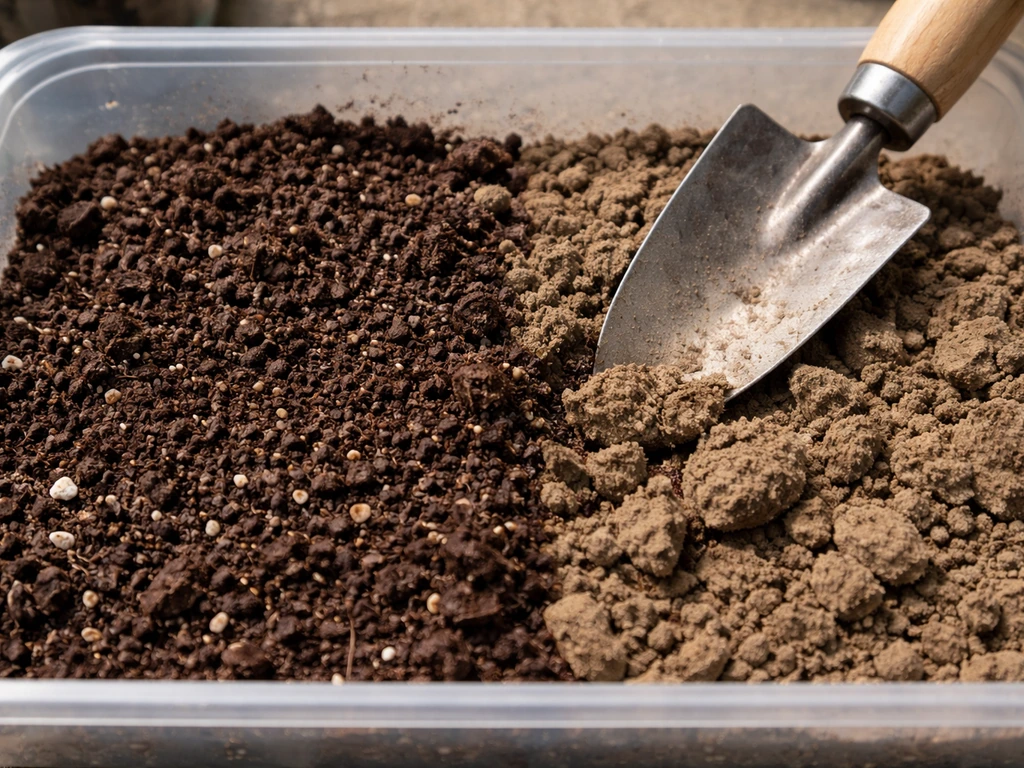 Close-up of loose potting mix next to compacted topsoil clumps in a container.