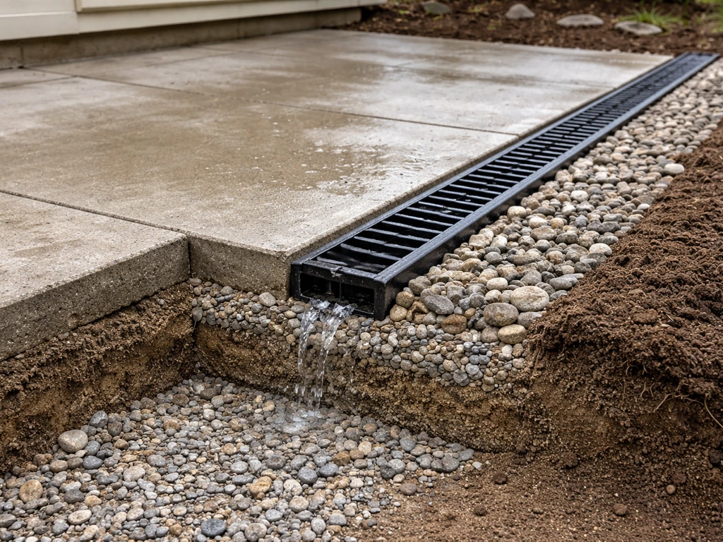 Sloped concrete patio edge with a gravel drainage outlet and visible layered cross-section for runoff control.