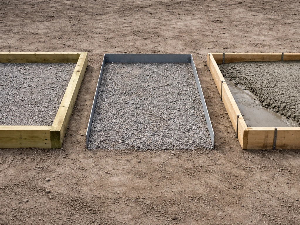 Three patio edge framing options side-by-side: wood, metal edging, and concrete edge forms.