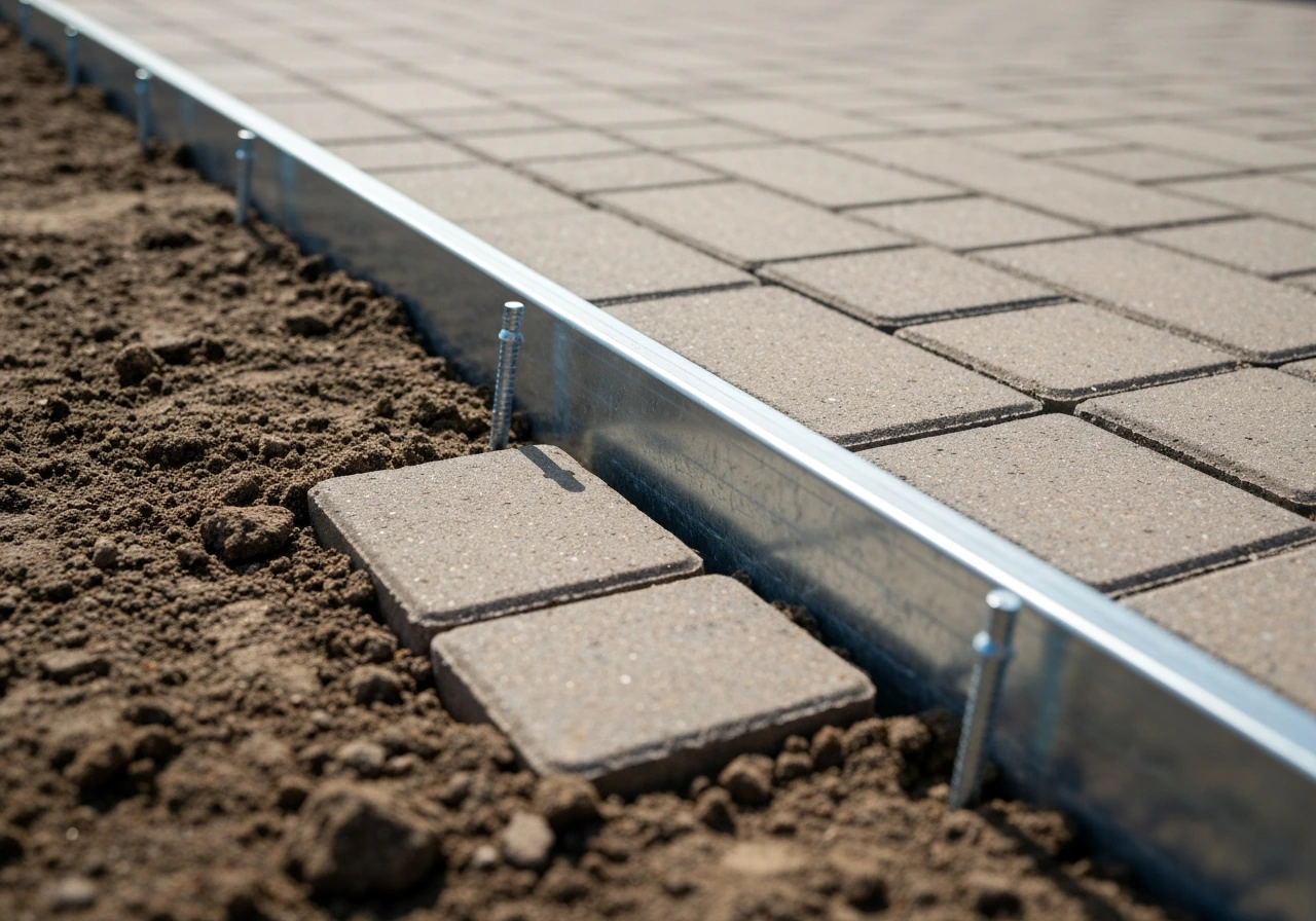 Galvanized metal edge restraint with spikes anchored around a ground-level paver patio perimeter