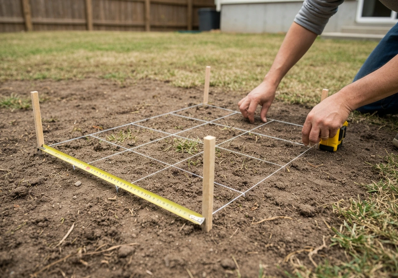 Hands mark four patio corners with stakes, taut string lines, and a tape measure outdoors.