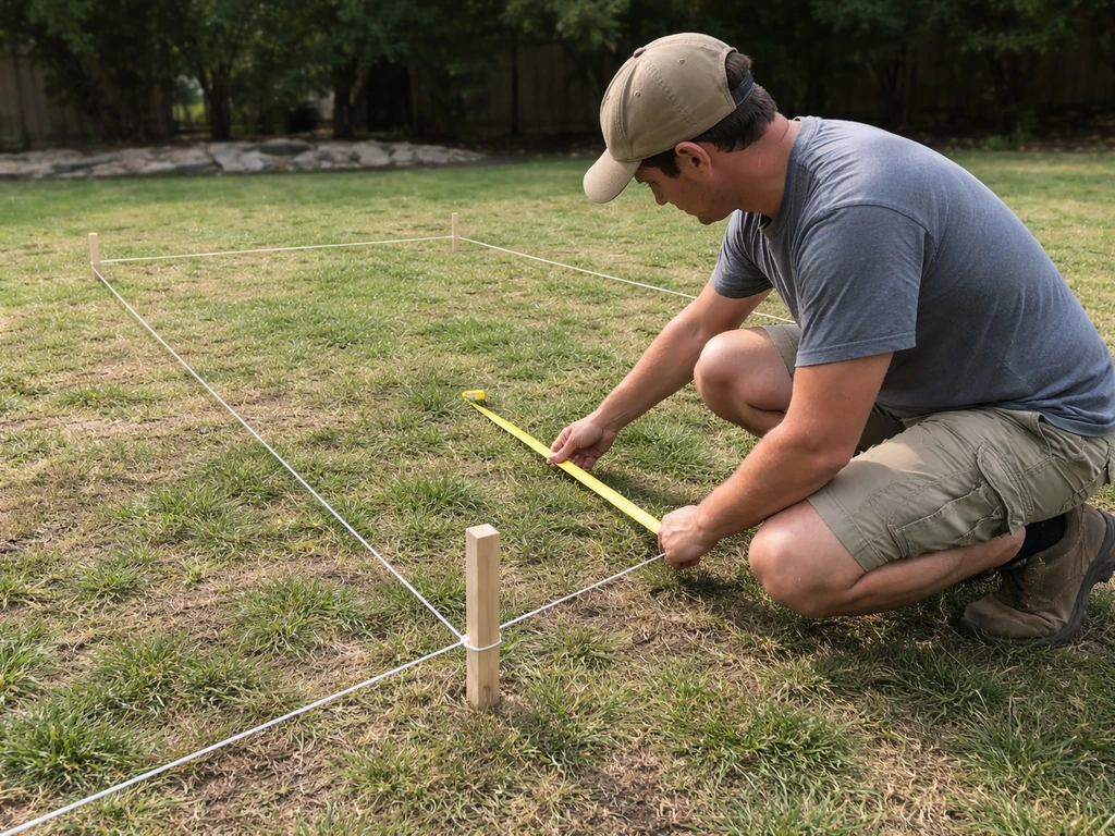 DIYer kneeling in a yard with measuring tape and string lines marking a patio footprint.
