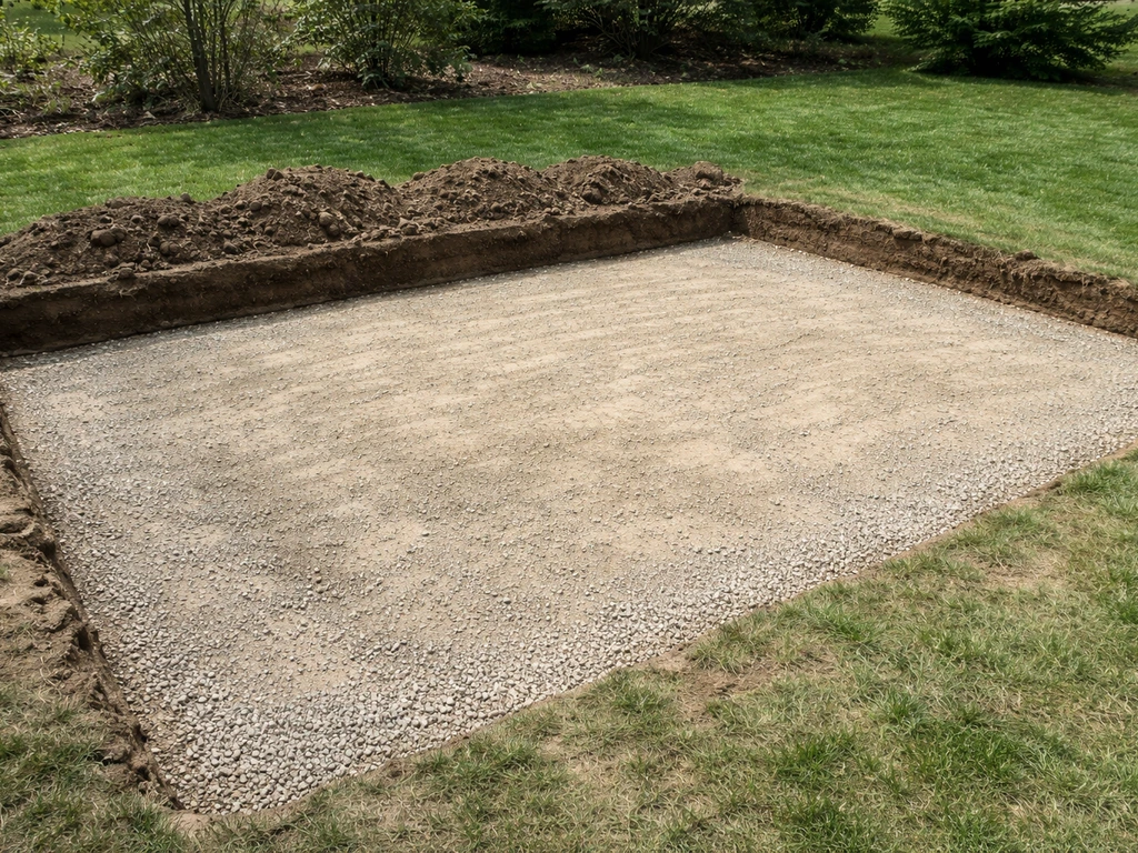 Excavated backyard patio area with graded subgrade ready for drainage and paver base build