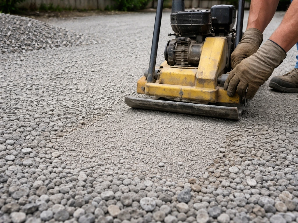 Plate compactor tamping freshly spread crushed stone road base in even 2-inch lifts