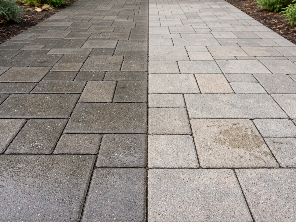Outdoor concrete paver patio test area showing sealed darker, cleaner pavers beside unsealed lighter ones with slight st