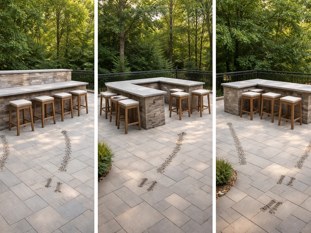 Three DIY patio bar layouts—straight, L-shape, and corner—shown with clear spacing cues on a quiet patio