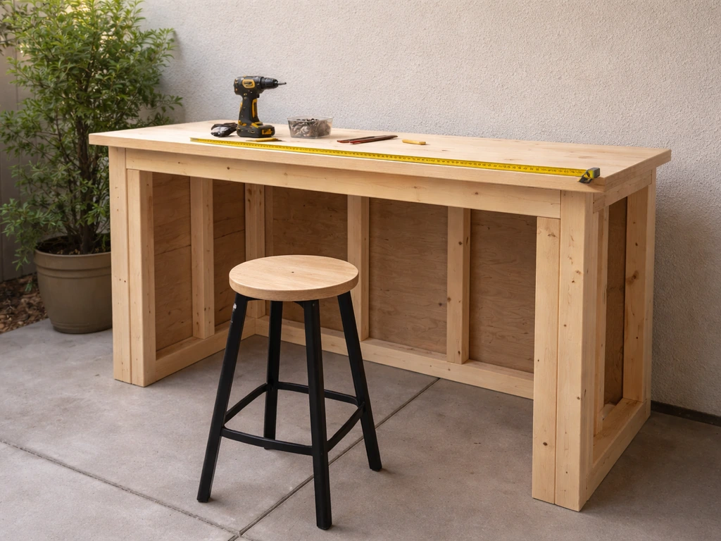 Minimal DIY patio bar setup showing space for stool fit and knee clearance with a tape measure on a work surface