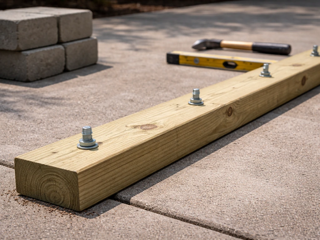 Pressure-treated 2x6 base plate laid on a concrete patio with concrete anchors installed.