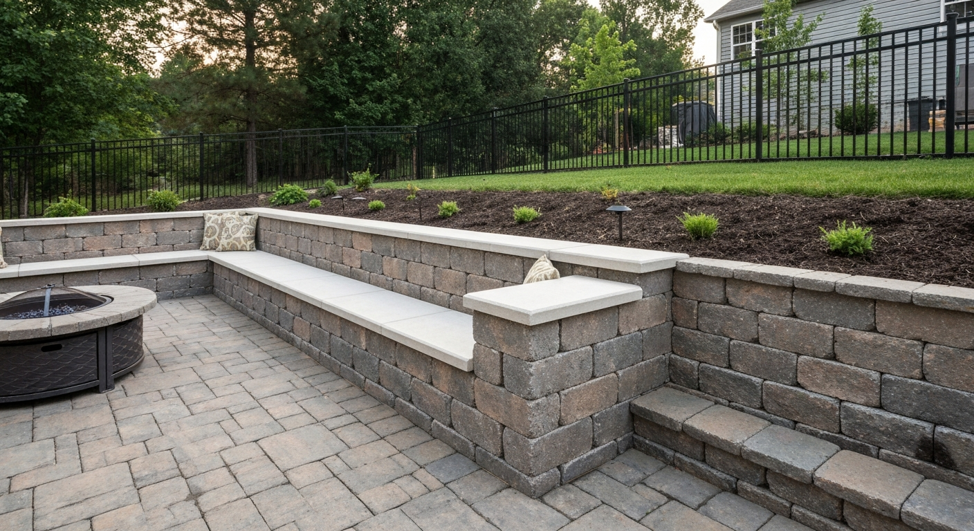 Finished 10-foot segmental block patio wall bench with light cap beside stone paver patio and garden bed behind
