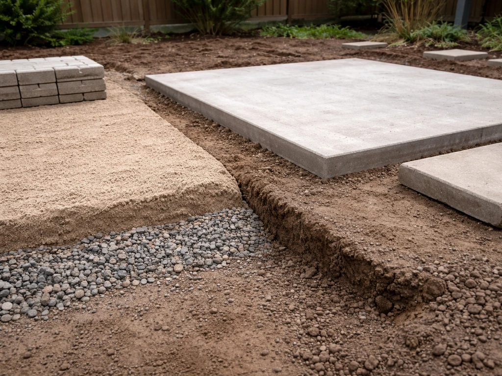Close-up comparison of patio bases: gravel-sand paver base vs slab sub-base with layered soil textures.