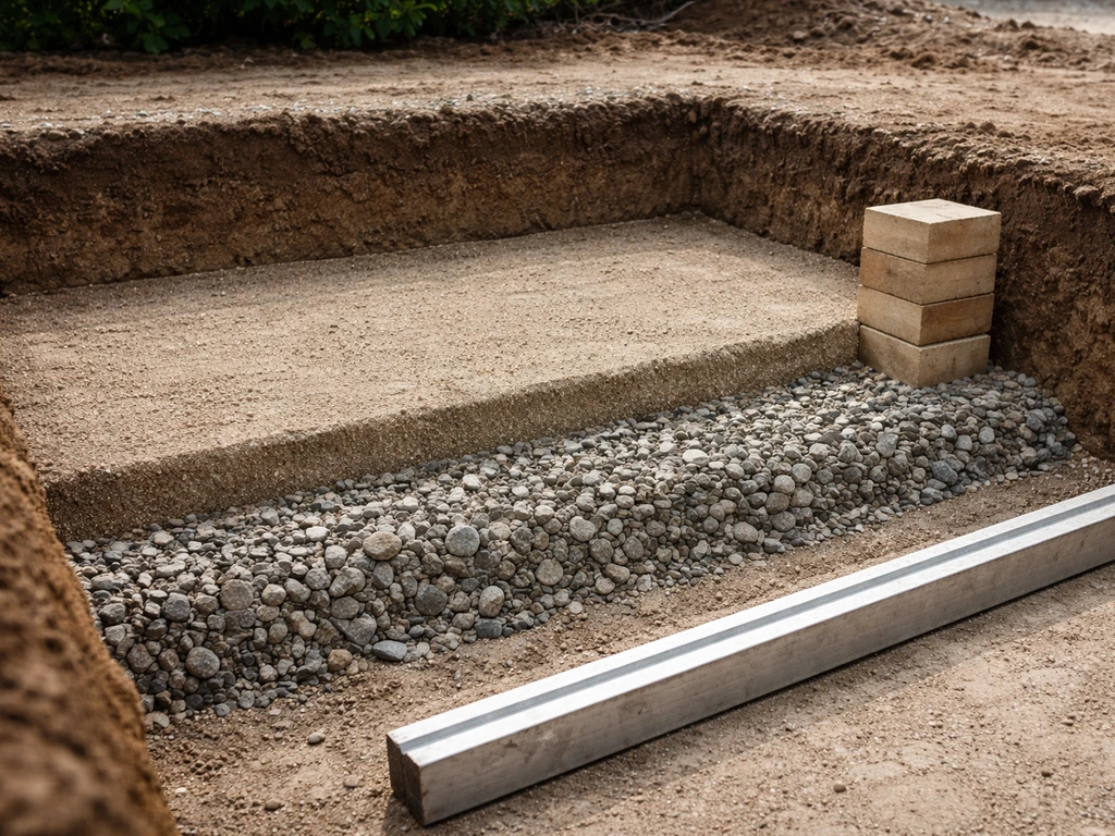 Partially excavated patio base showing distinct sub-base and base layer textures at depth.