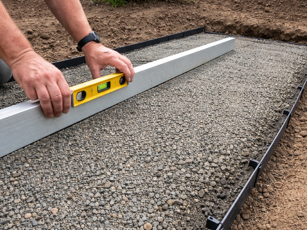 Hands leveling a screed over sloped gravel with anchored edge restraint for patio drainage