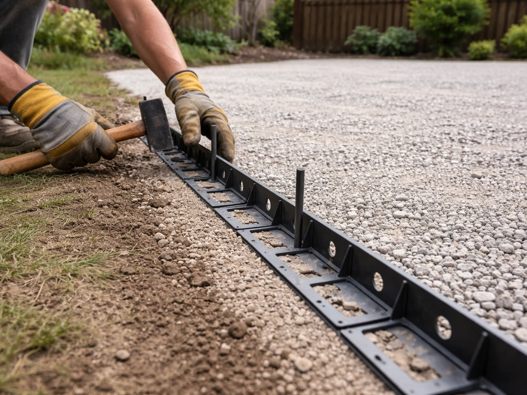 Metal patio edge restraints are being staked into a compacted aggregate base along the perimeter.