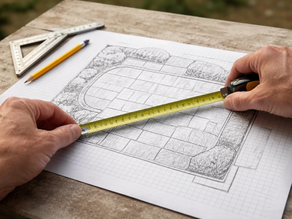 Close-up of hands measuring a patio sketch with a tape measure and squared corners on paper.