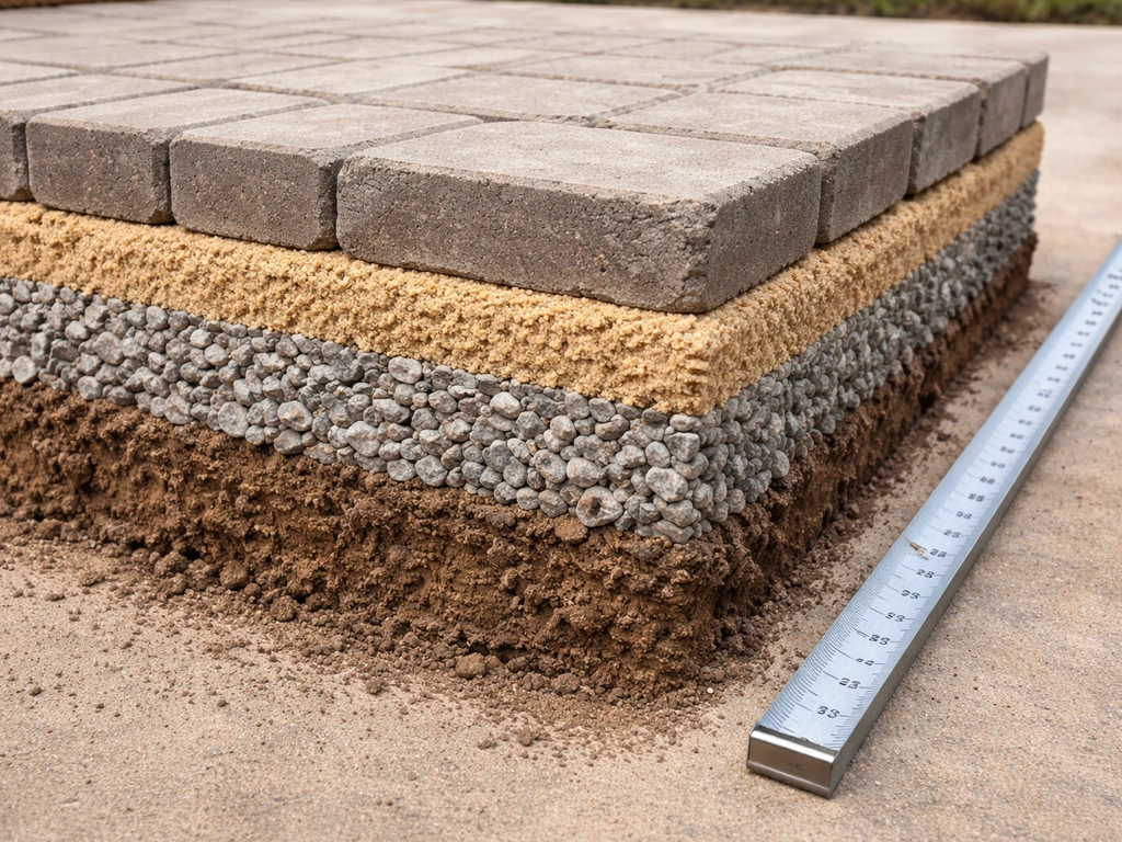Cross-section style view of paver patio layers with a tape measure showing depth and thickness.