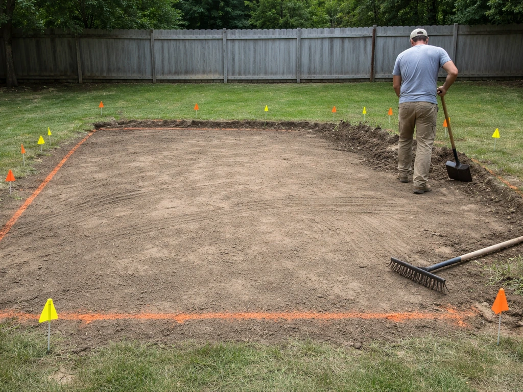 Backyard patio site prep with flagged utility marks and removed grass, showing bare graded subgrade