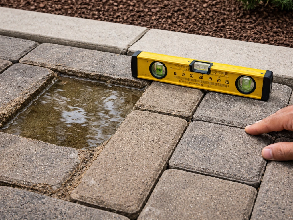 Close-up patio pavers with water pooling and a level/pitch gauge checking slope next to a corrected section.