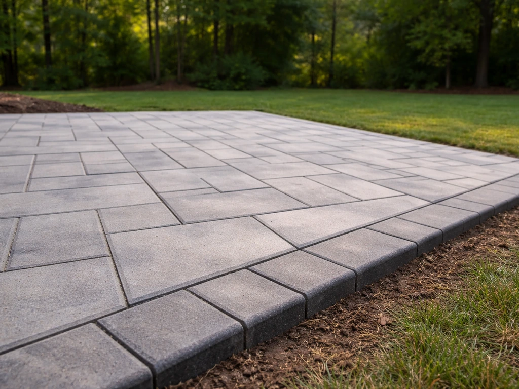 Ground-level view of a finished freestanding patio with concrete pavers, neat edge restraints, and drainage slope.