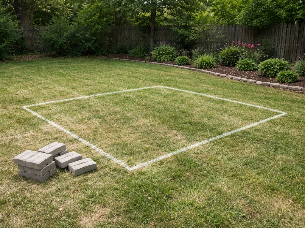 Backyard lawn with chalk-outlined freestanding paver patio footprint near a garden bed edge.