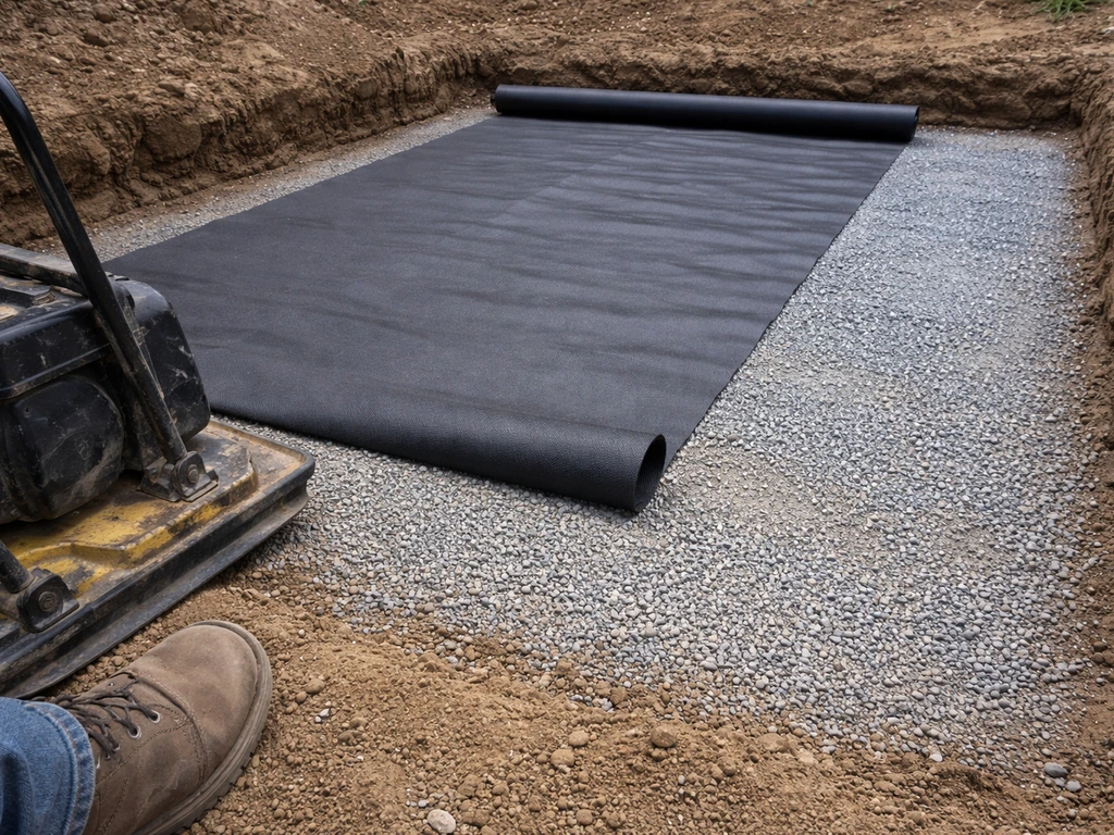 Close view of compacted subgrade, spread gravel, and a weed barrier roll laid over a patio base.