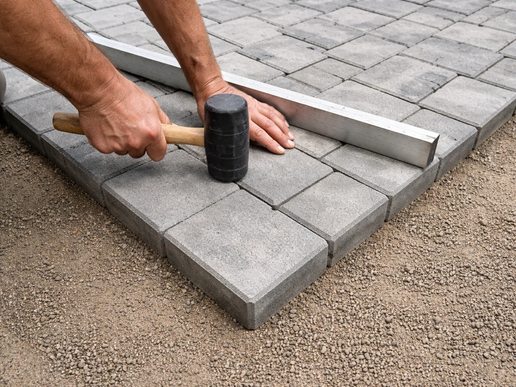 Hand lays interlocking patio pavers in an L-shape with rubber mallet and a straightedge for leveling.
