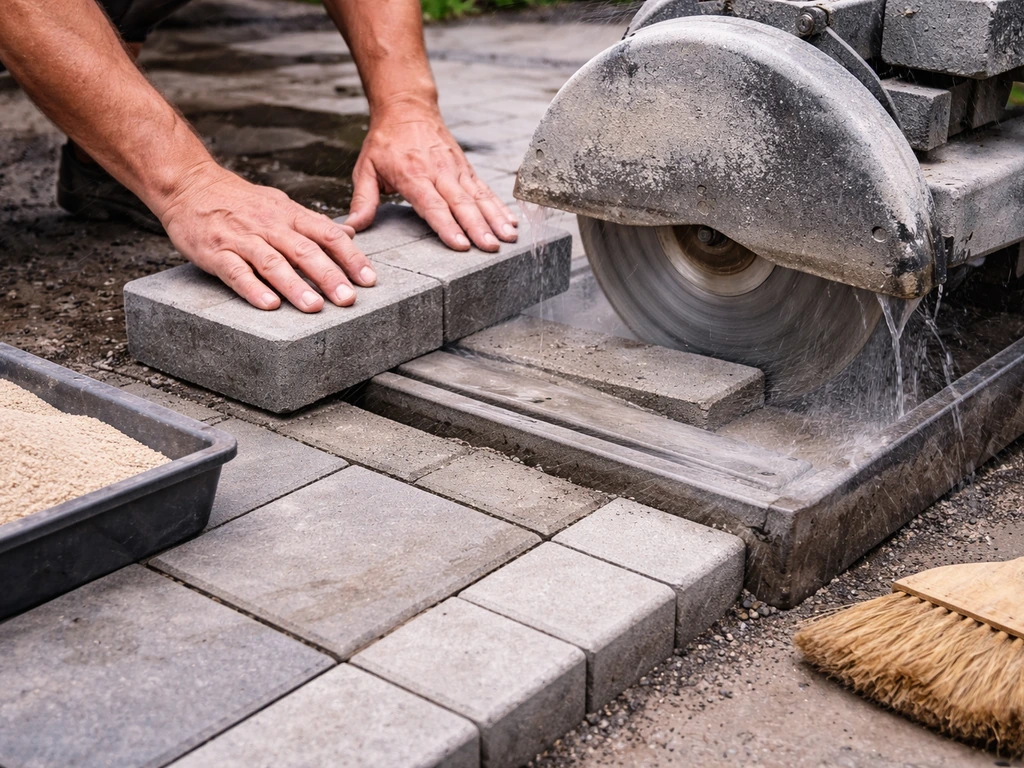 Hands guiding a paver through a wet diamond saw, then brushing joint sand into seams on a patio edge.