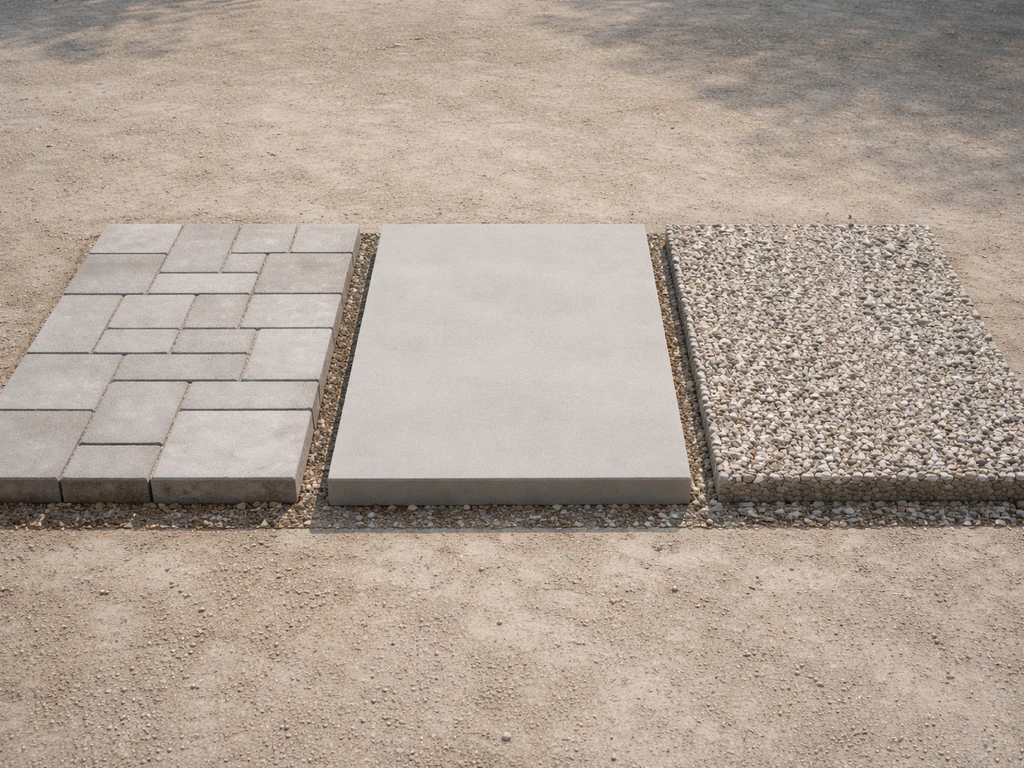 Three patio surface samples side by side: concrete pavers, poured concrete, and gravel/crushed stone.