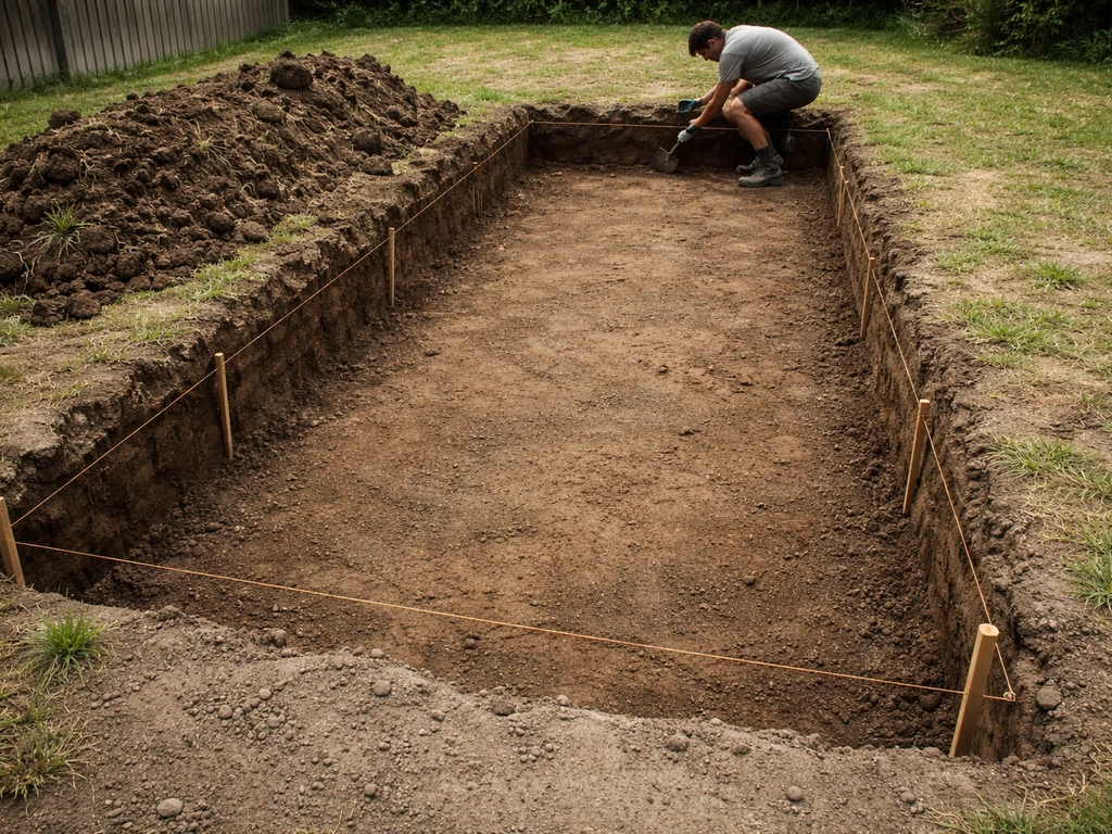 Excavation of a patio footprint showing exposed subsoil, graded trench, and stakes with string depth markers.