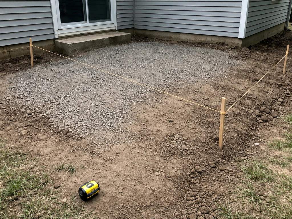 Taut string lines on stakes show patio grade slope away from a house in an excavated backyard.