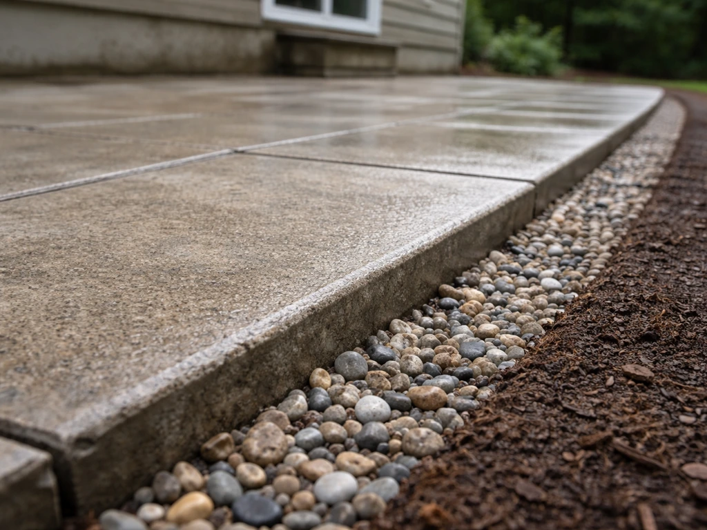 Close-up of a patio edge with a slight graded slope and runoff draining toward a gravel channel
