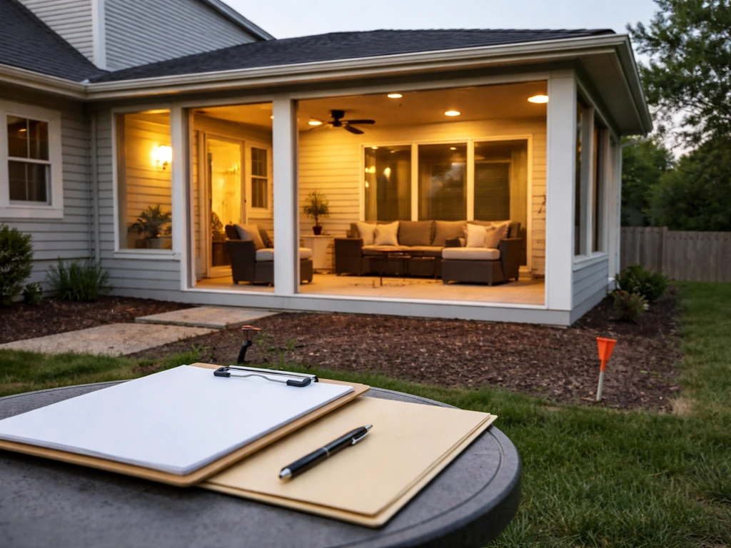 Enclosed patio addition beside a clipboard and a small location marker stake, suggesting zoning and permits.