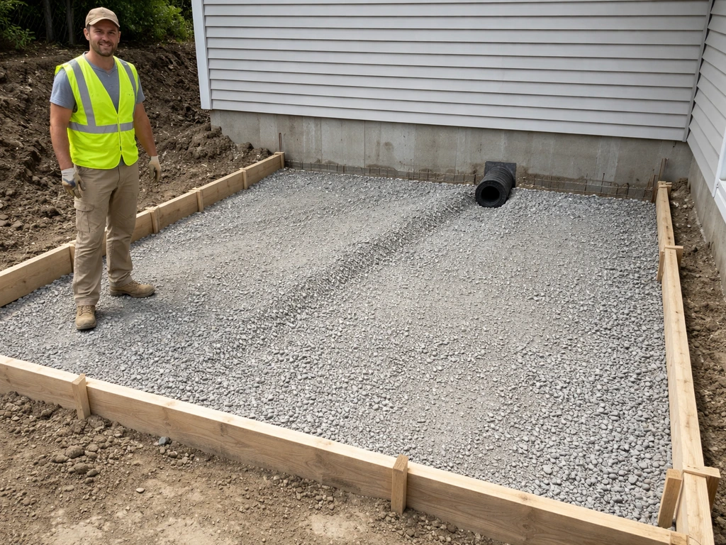 Construction worker beside an excavated patio base with a sloped gravel bed and drainage outlet before the slab.