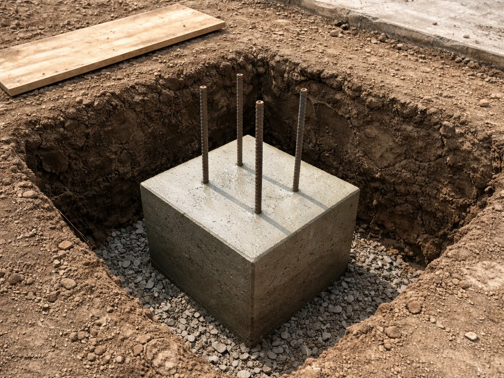 Concrete pier footing being installed for an exterior roof post, with freshly dug soil and rebar nearby.