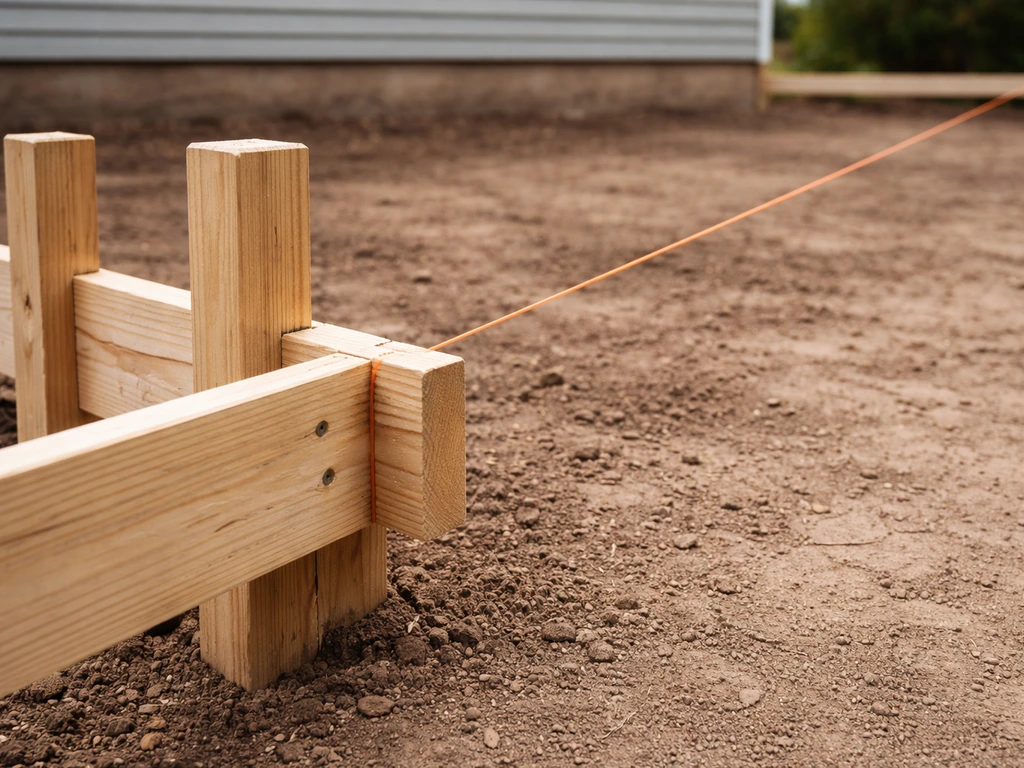 Close-up of batter boards and taut mason’s line marking a patio perimeter and slope.