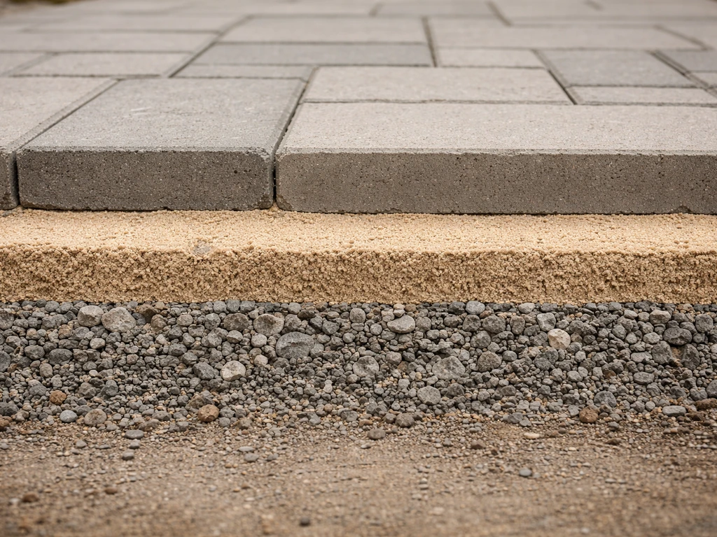 Minimal photo showing a layered patio base concept: gravel, sand, and pavers in a simple cutaway view.