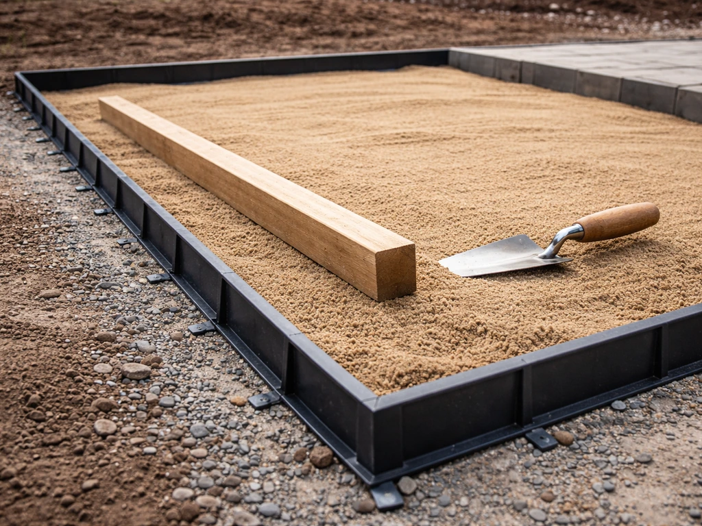 Patio edge restraints installed around a small perimeter while sand is staged at target depth.