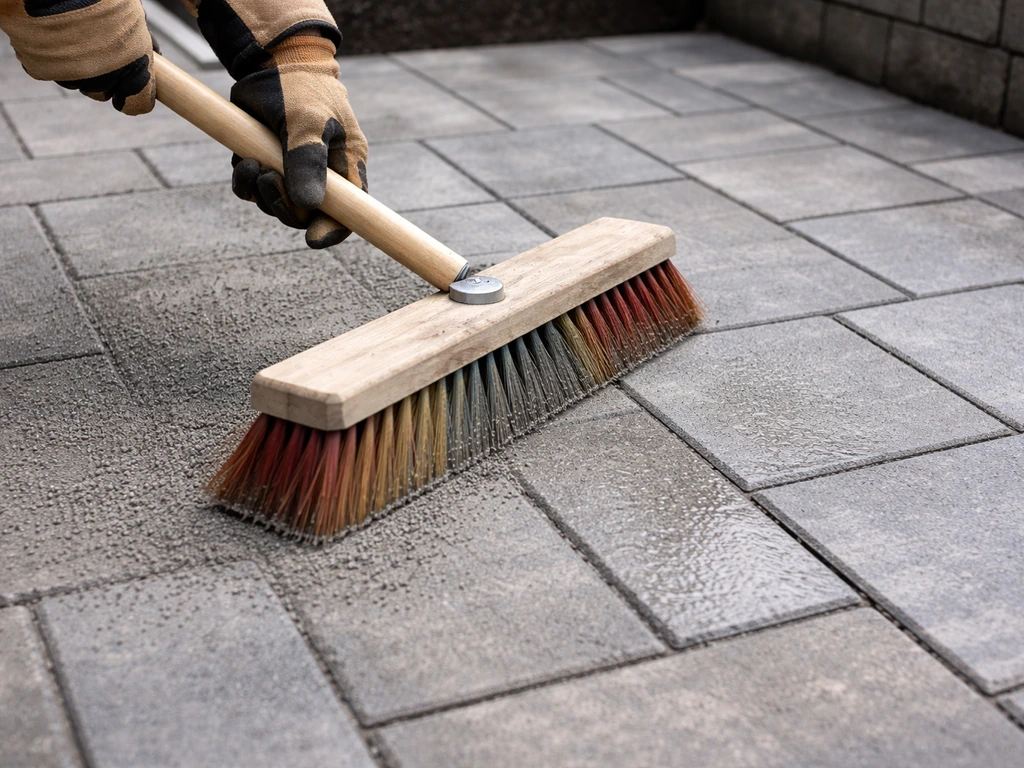 Gloved hands sweeping polymeric sand into patio paver joints, finishing with a light damp sheen.